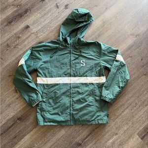 Green Hooded Windbreaker with White Stripe